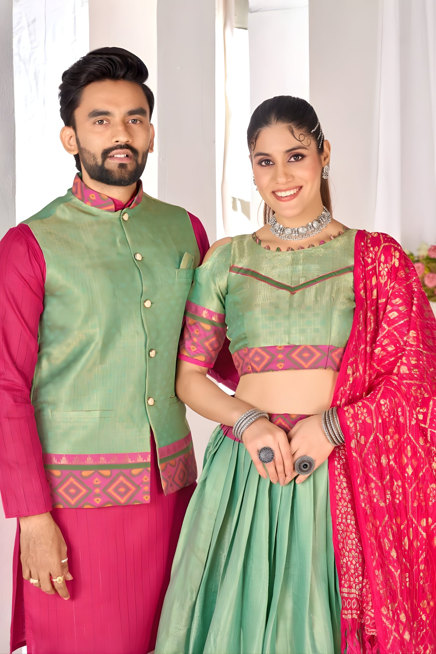 Wonderful Green and Pink Jacquard Silk Traditional Couple Outfit Set with Lehenga and Matching Kurta Jacket