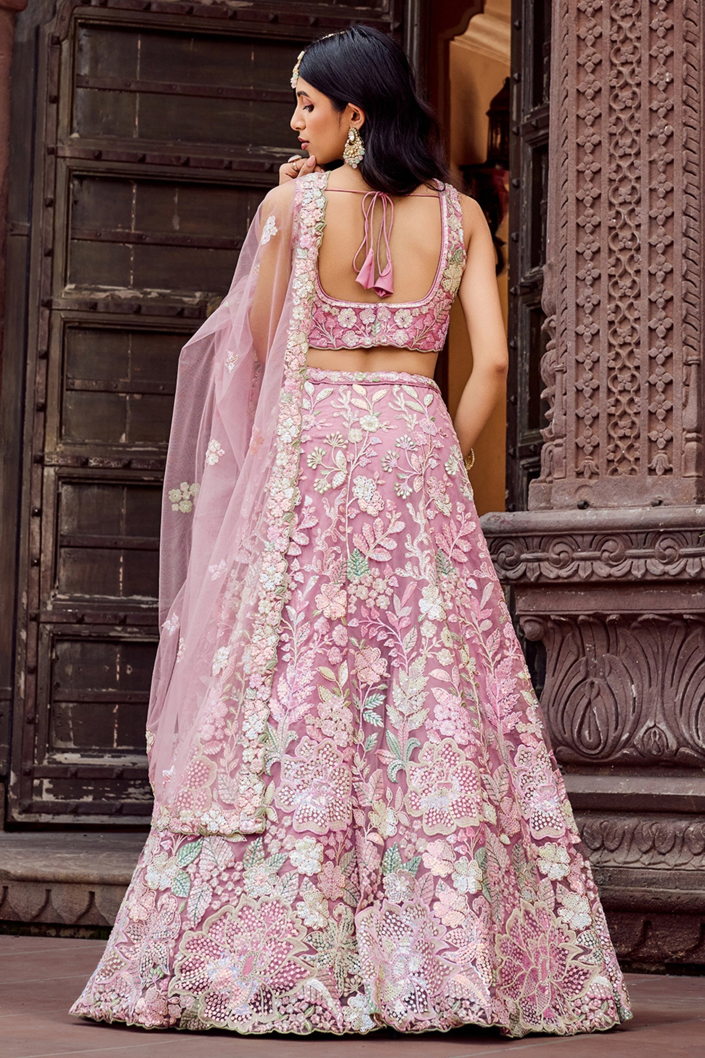 Elegant Dusty Pink Net Embroidered Wedding Lehenga Choli with Floral Sequins Work