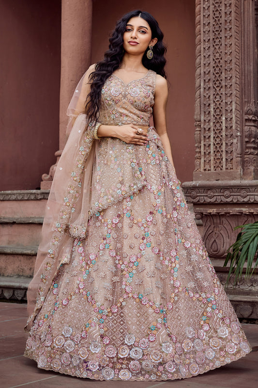 Gorgeous Beige Net Embroidered Wedding Lehenga Choli with Floral Sequins Work