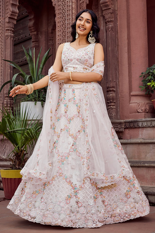 Trendy Cream Net Embroidered Wedding Lehenga Choli with Floral Sequins Work
