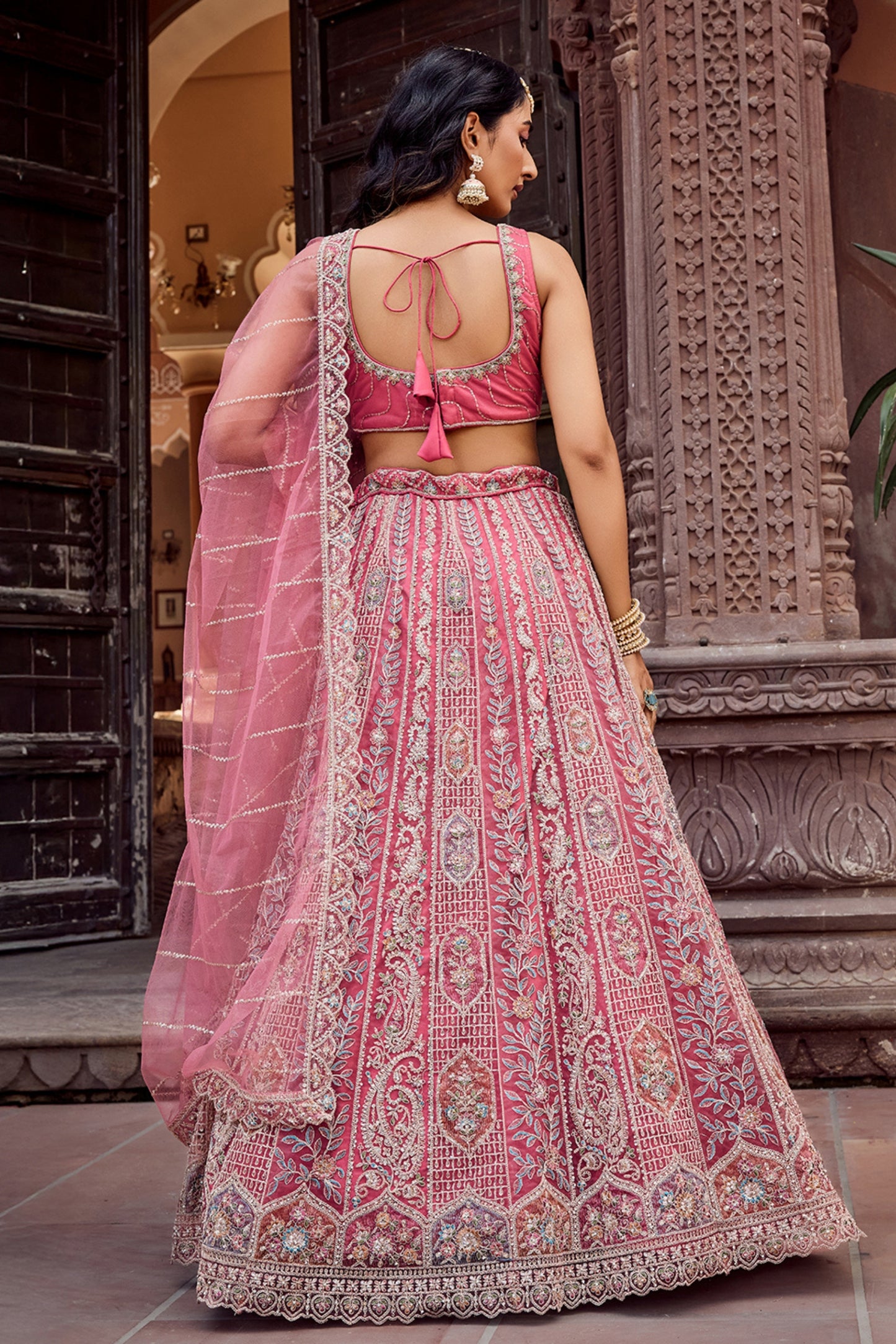 Stunning Pink Net Embroidered Wedding Lehenga Choli with Heavy Floral Sequins Work