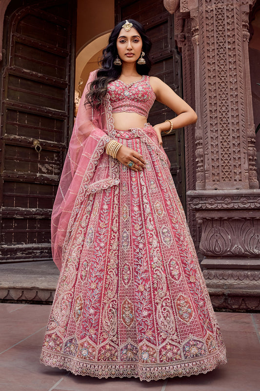 Stunning Pink Net Embroidered Wedding Lehenga Choli with Heavy Floral Sequins Work