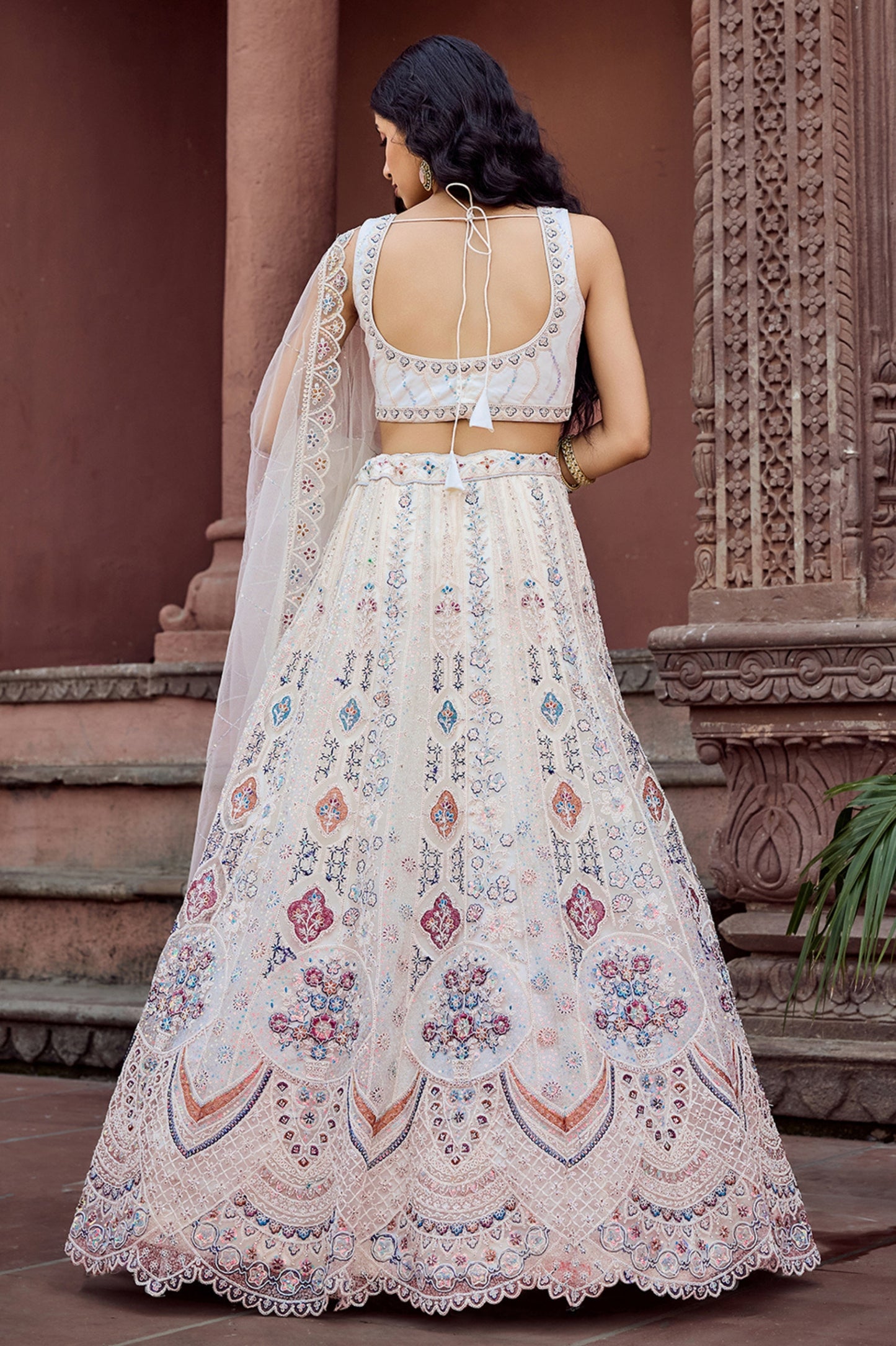 Trendy Cream Net Embroidered Wedding Lehenga Choli with Multicolor Thread and Sequins Work