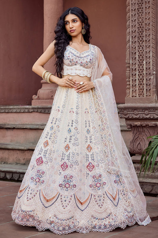 Trendy Cream Net Embroidered Wedding Lehenga Choli with Multicolor Thread and Sequins Work