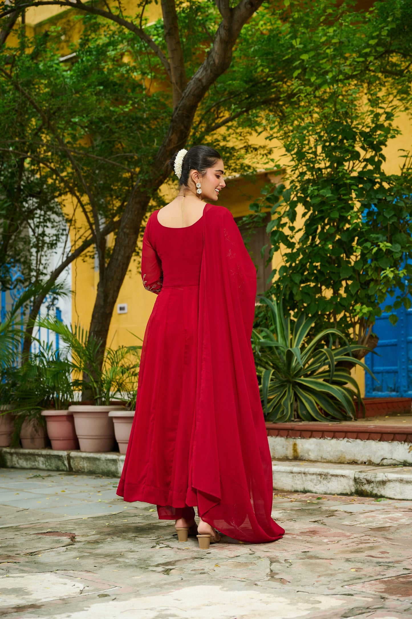 Graceful Maroon Faux Georgette Anarkali Suit with Matching Dupatta for Festive and Wedding