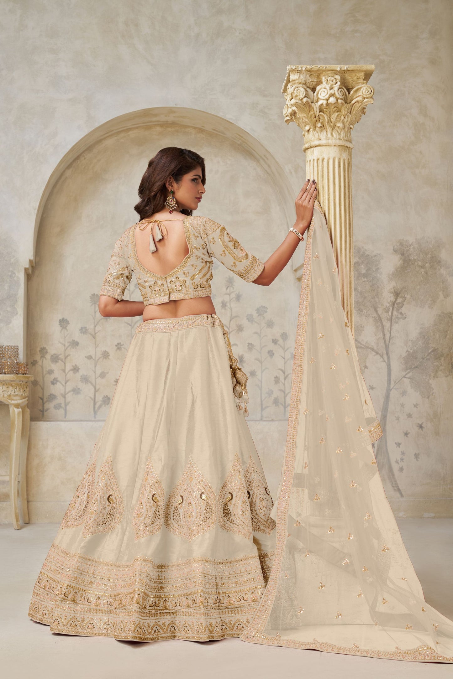 Stunning Cream Silk Embroidered Lehenga Choli with Matching Dupatta for Wedding