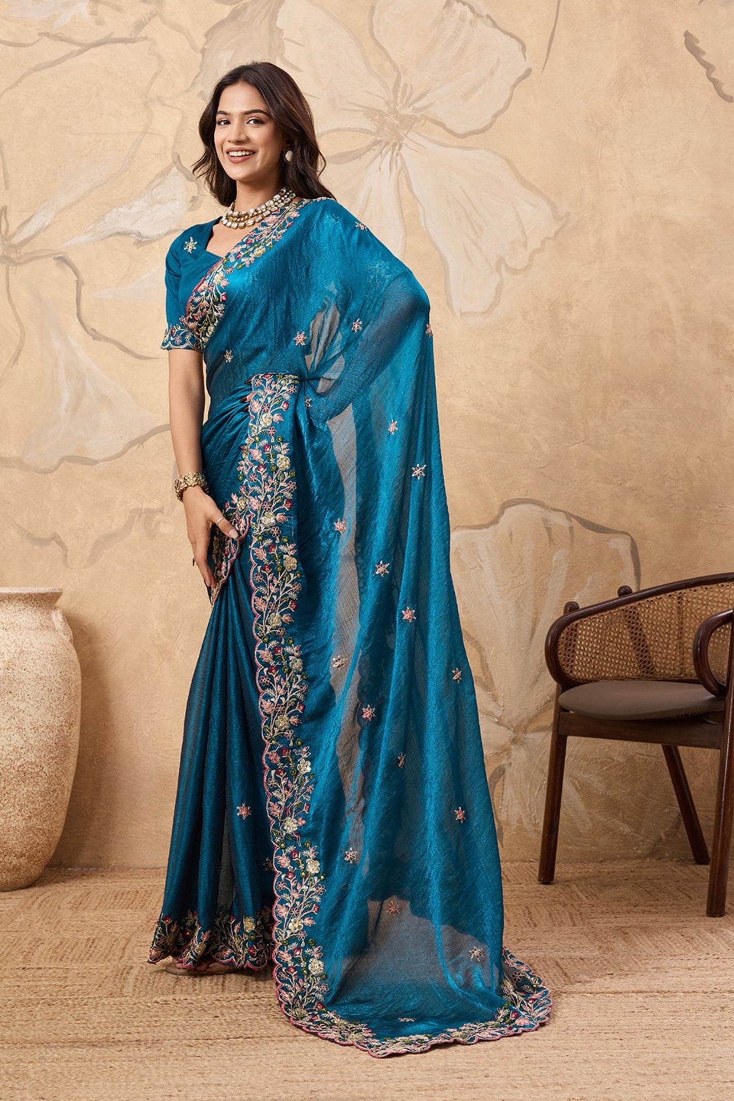 Teal Blue Designer Georgette Saree with Blouse