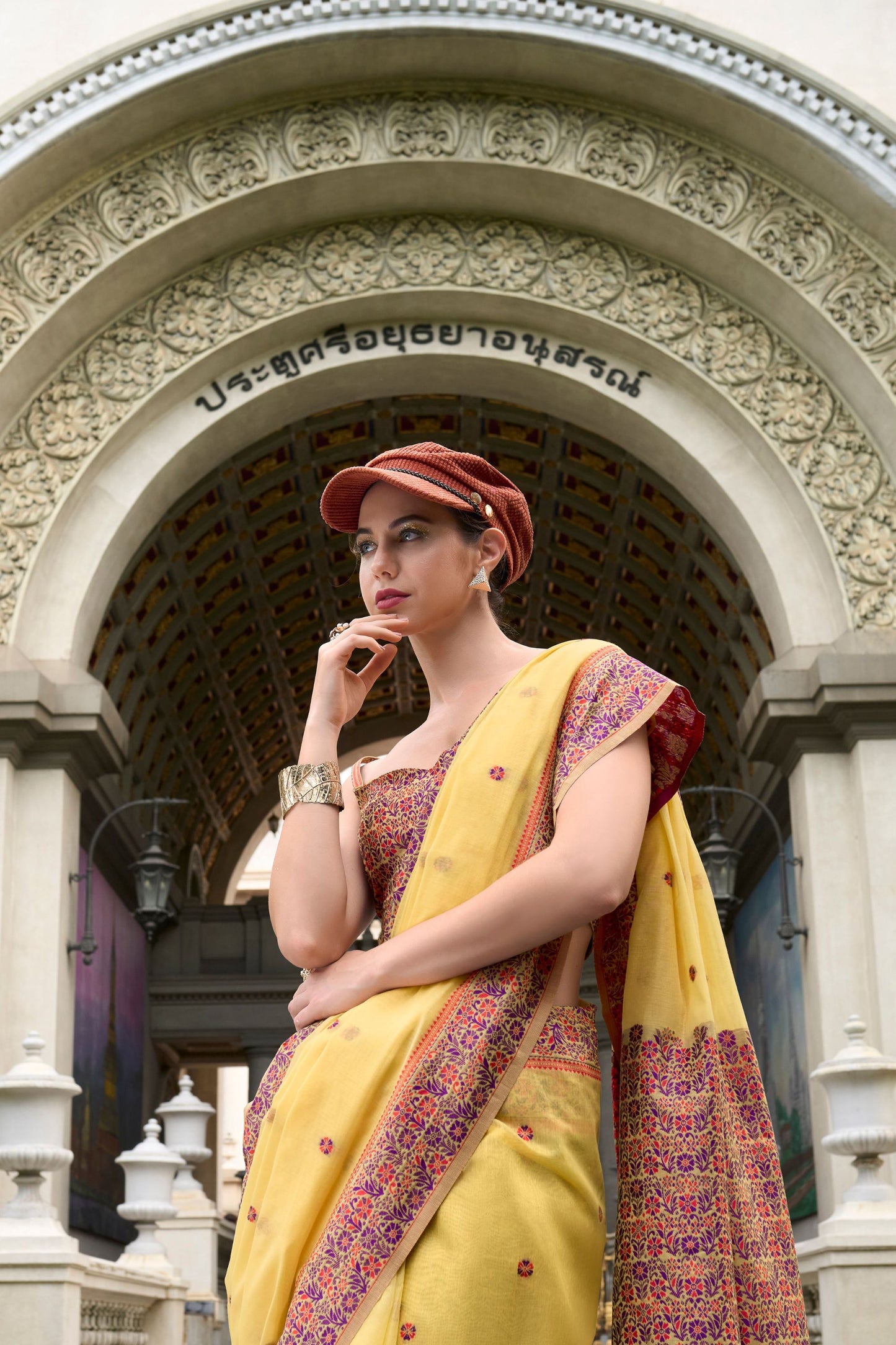 Yellow Printed Cotton Saree with Designer Border Matching Blouse