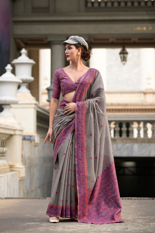 Grey Printed Saree with Contrast Pink Border Blouse