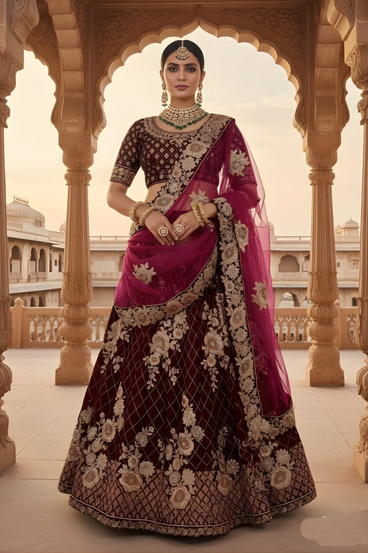 Royal Wine Velvet Embroidered Bridal Lehenga Choli with Heavy Zari Work and Net Dupatta
