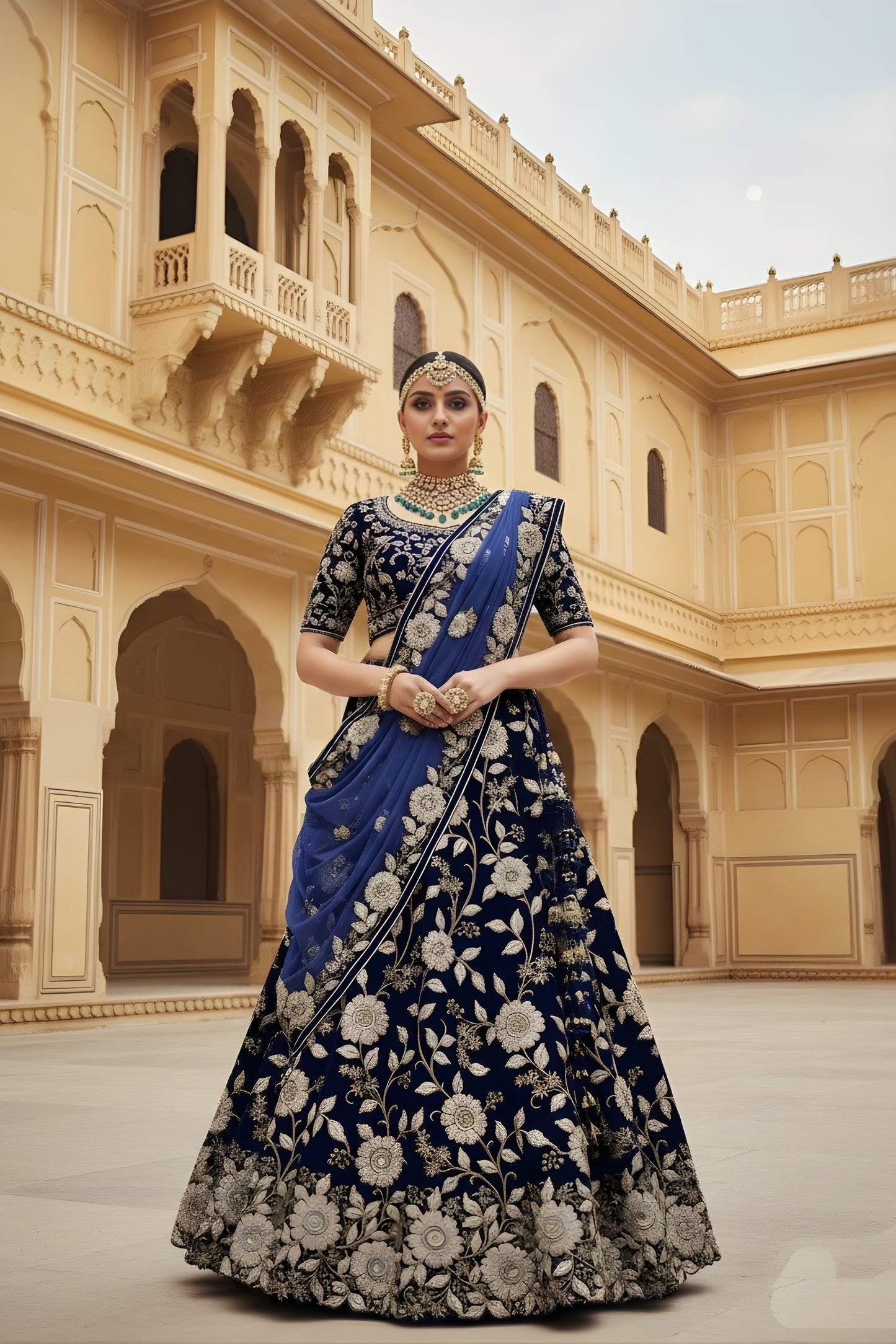 Gorgeous Blue Velvet Embroidered Bridal Lehenga Choli with Heavy Zari Work and Net Dupatta