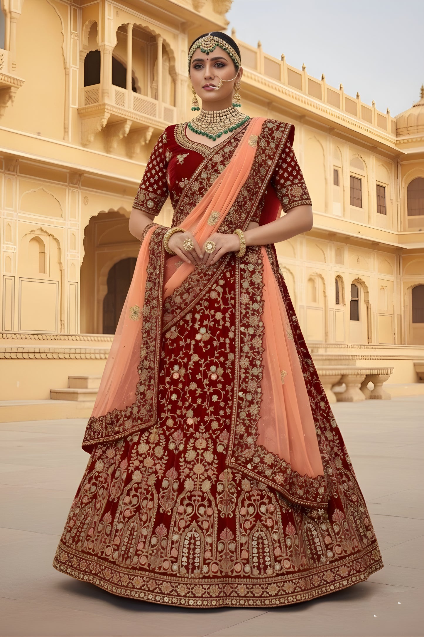 Fancy Maroon Velvet Embroidered Bridal Lehenga Choli with Heavy Zari Work and Peach Net Dupatta