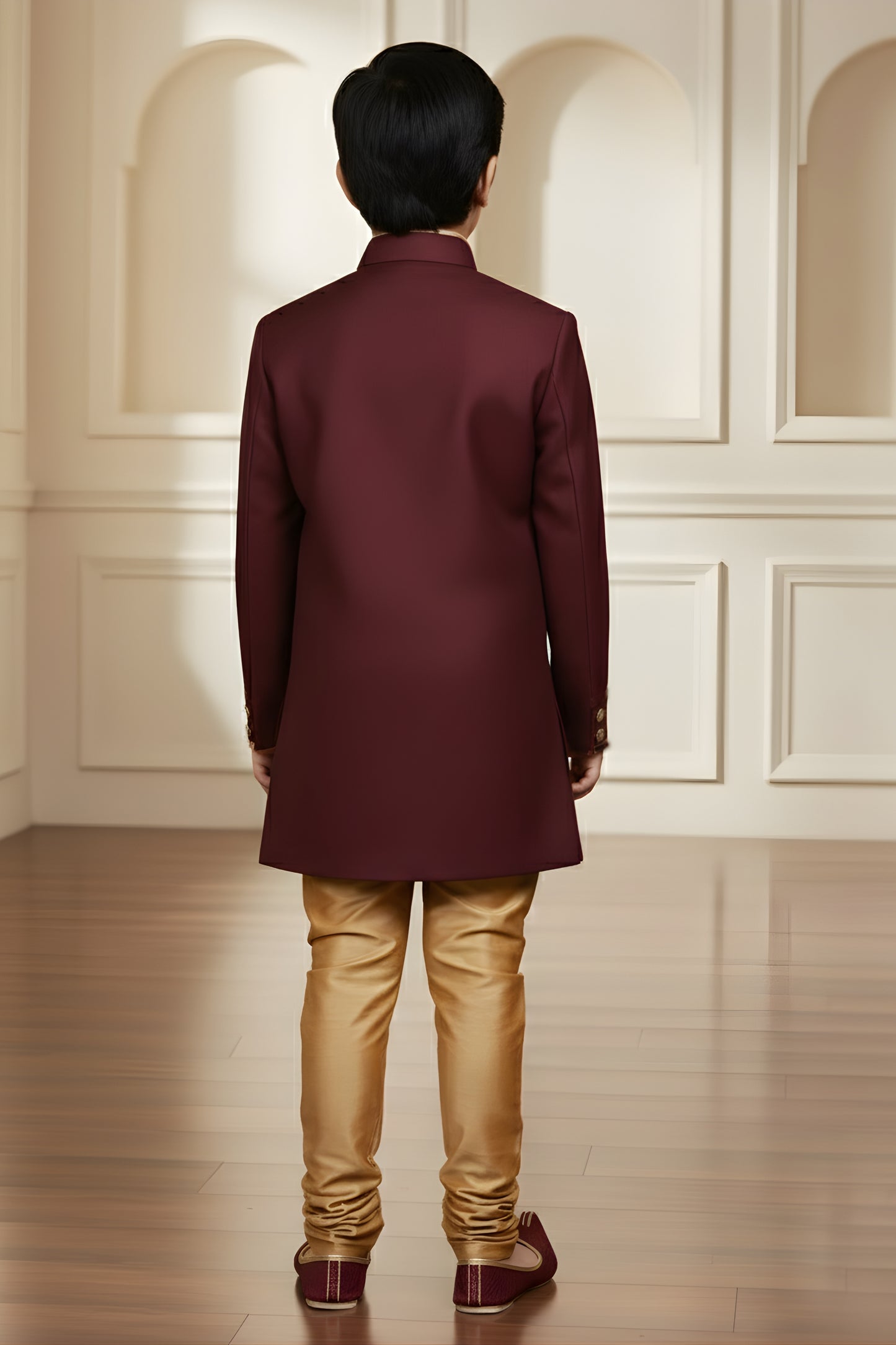 Stylish Maroon Boys Indo Western with Golden Pyjama For Wedding Wear