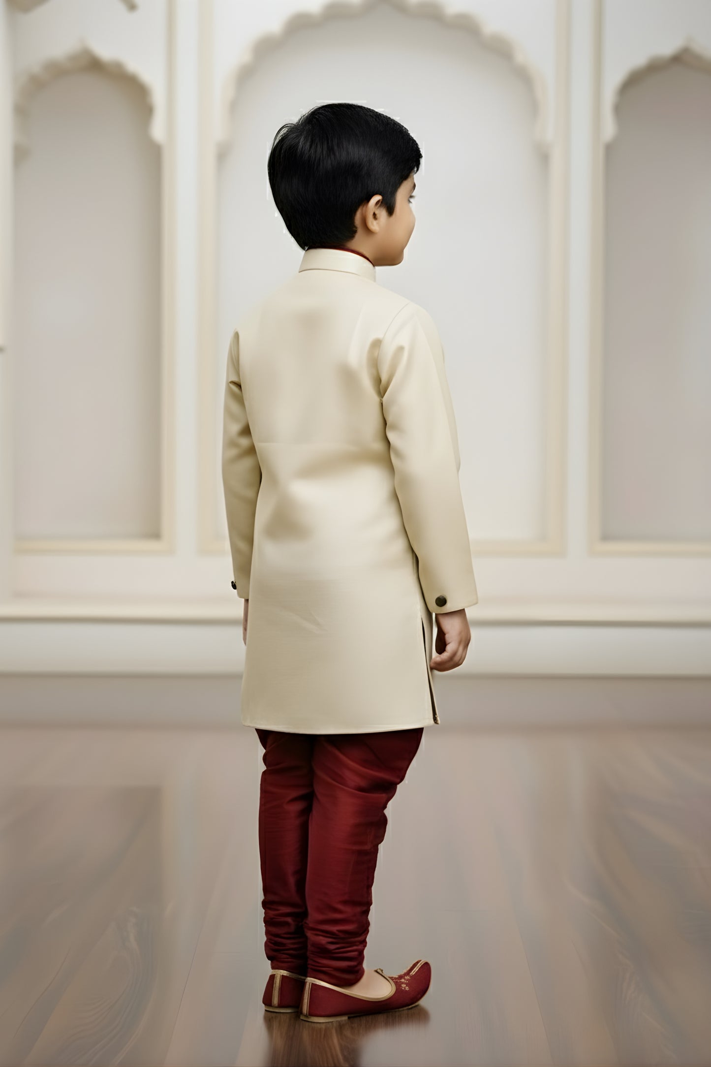 Stunning Cream Boys Indo Western with Maroon Pyjama For Wedding Wear