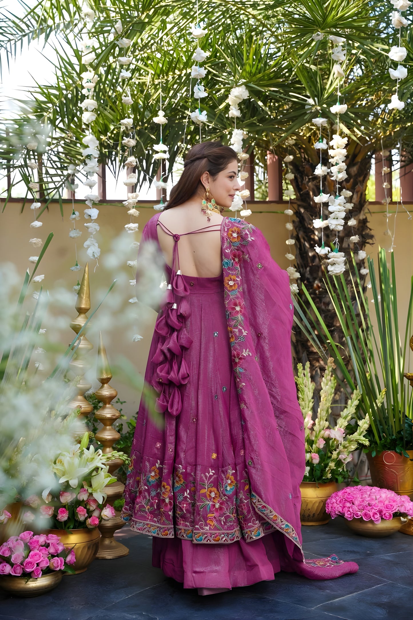 Beautiful Pink Embroidered Crunchy Silk Anarkali Suit with Floral Work and Matching Dupatta