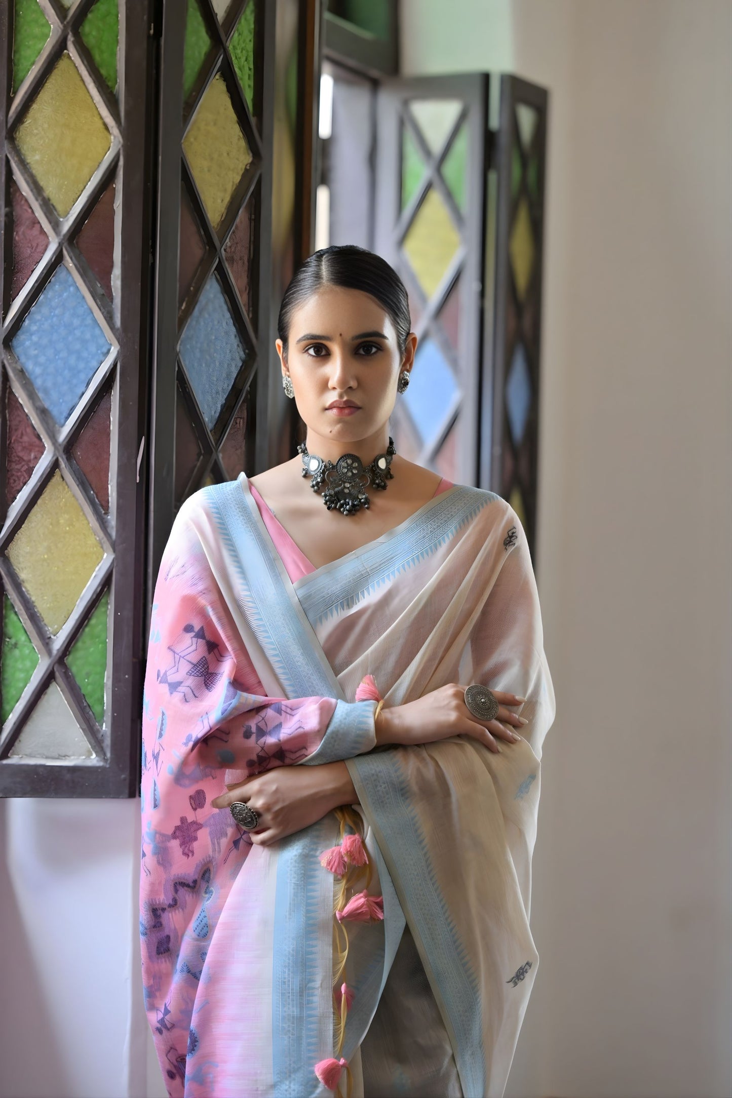 Off-White Handloom Cotton Saree with Pastel Pink Pallu Light Blue Border
