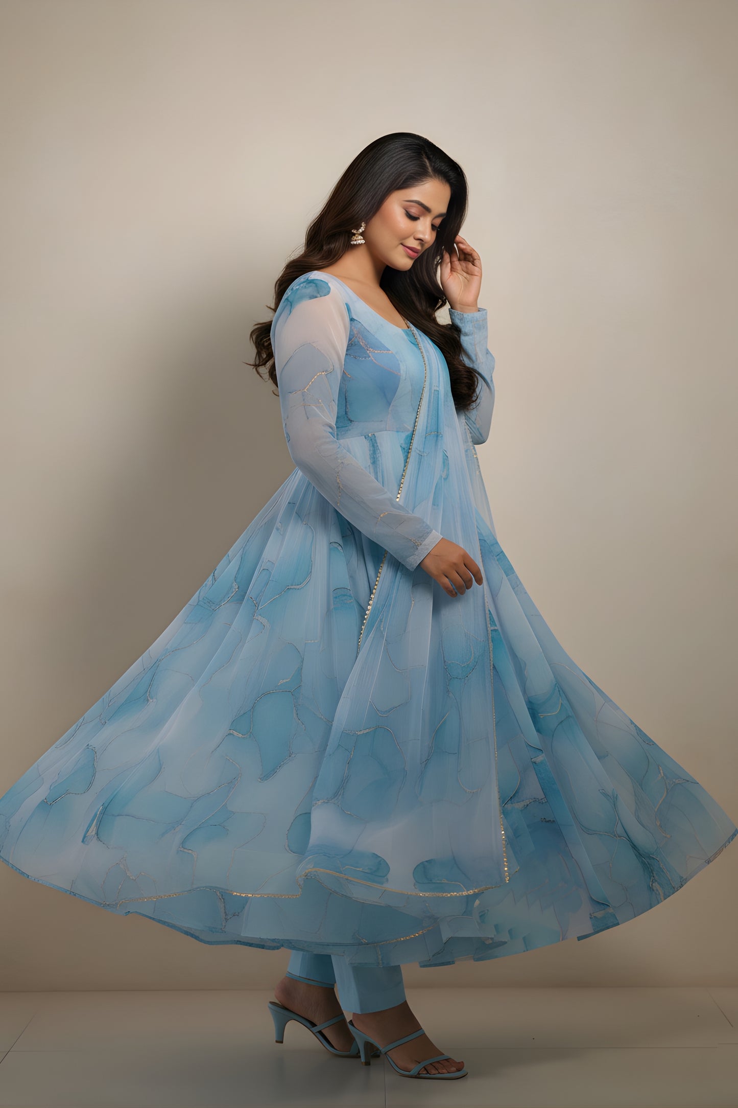 Graceful Aqua Blue Abstract Printed Readymade Salwar Suit with Matching Dupatta