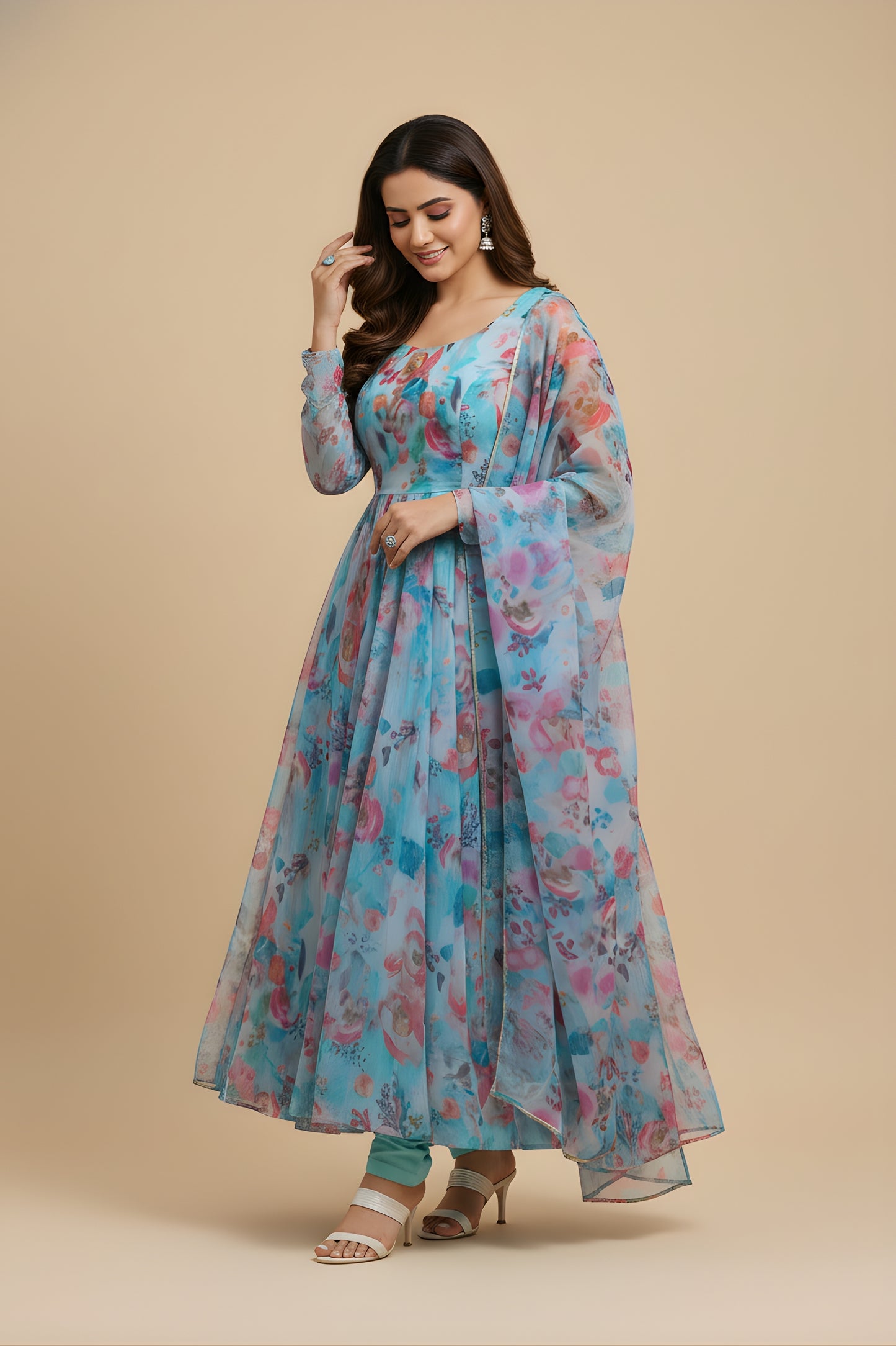 Trendy Sky Blue Floral Printed Readymade Salwar Suit with Flared Kurta and Matching Dupatta