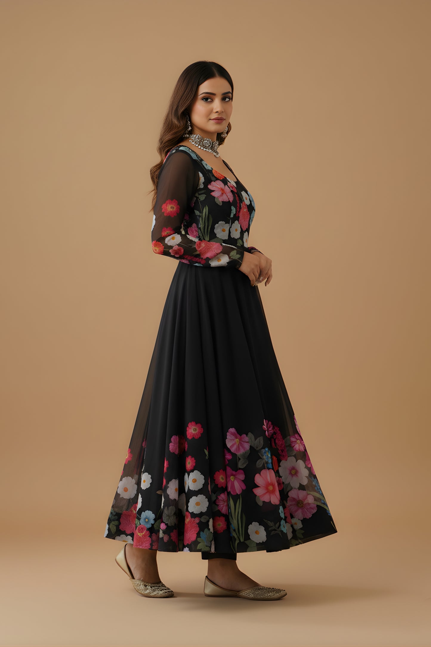 Gorgeous Black Floral Printed Readymade Salwar Suit with Flared Kurta and Matching Dupatta