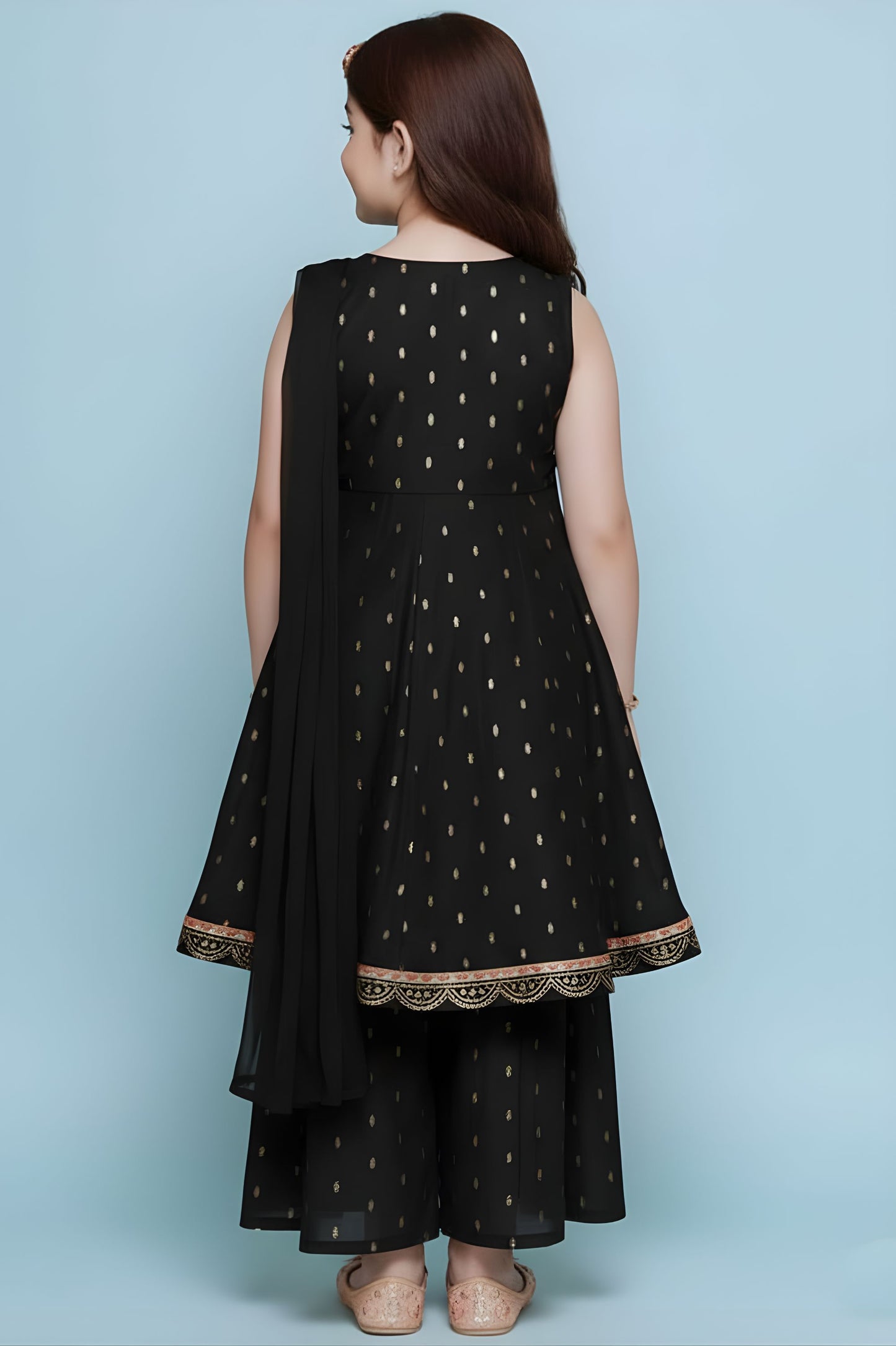 Elegant Black Printed Anarkali Sharara Set for Girls with Dupatta