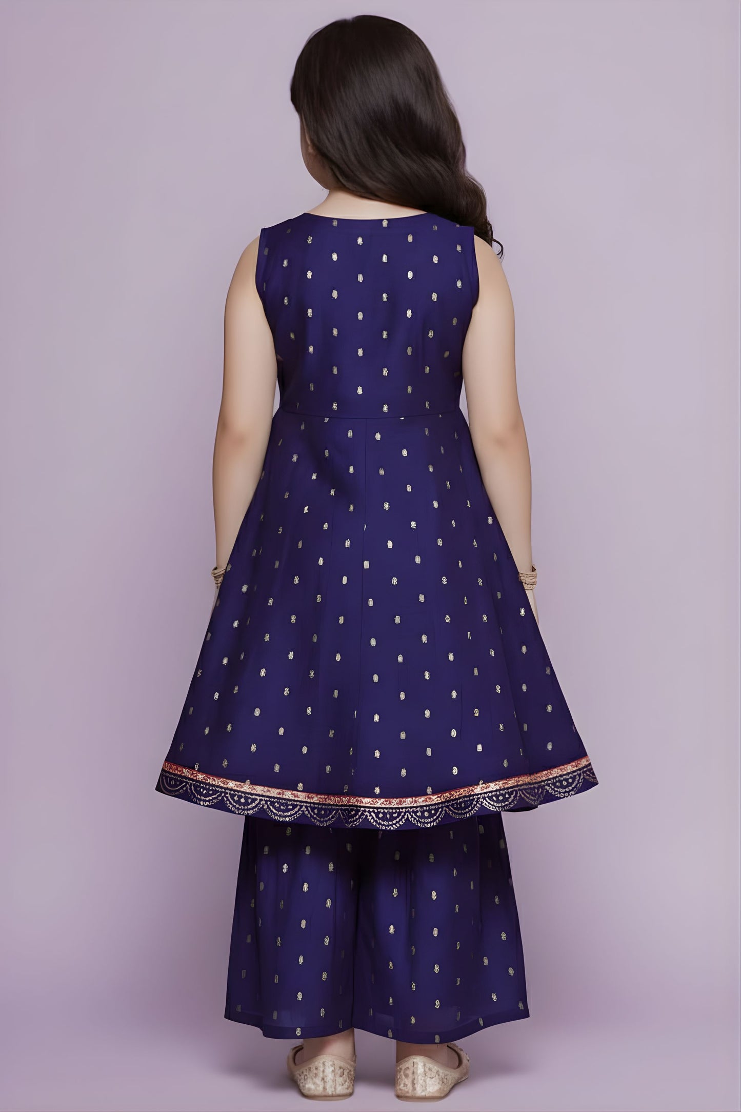 Graceful Navy Blue Chanderi Silk Printed Anarkali Sharara Set for Girls with Dupatta