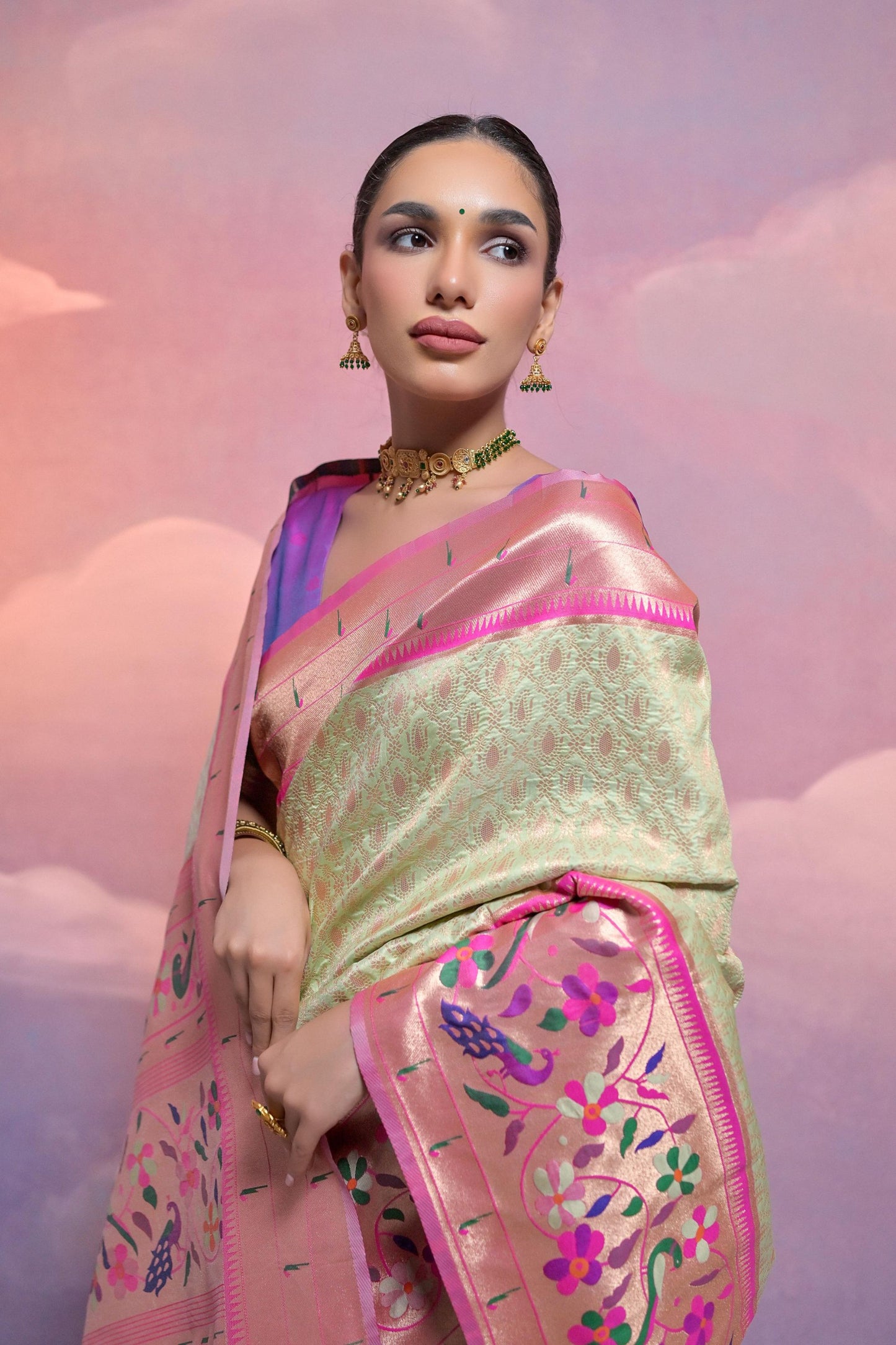 Mint Green Banarasi Silk Saree Pink Meenakari Border Traditional Saree