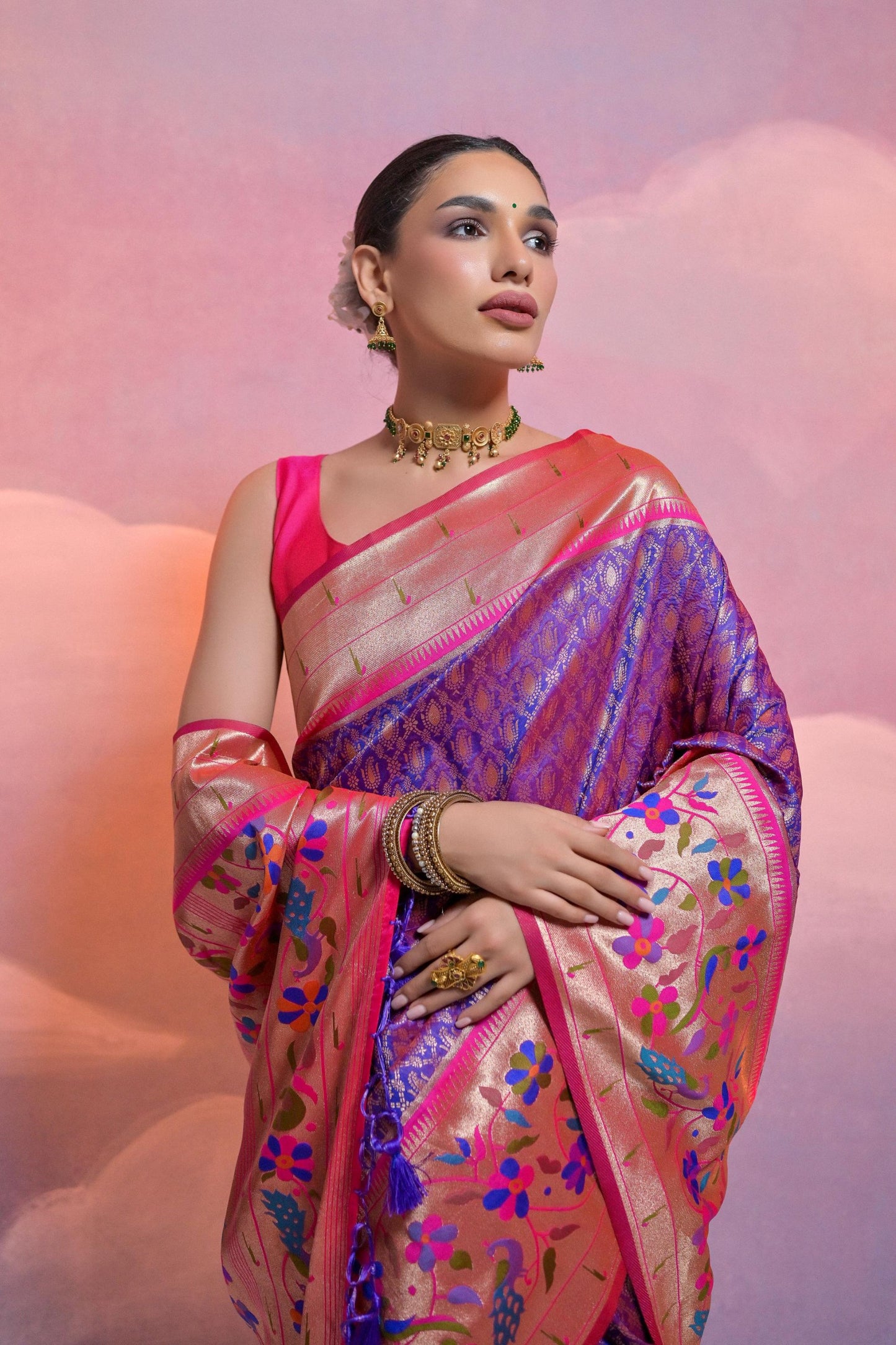 Royal Purple Banarasi Silk Saree Pink Meenakari Border Traditional Saree
