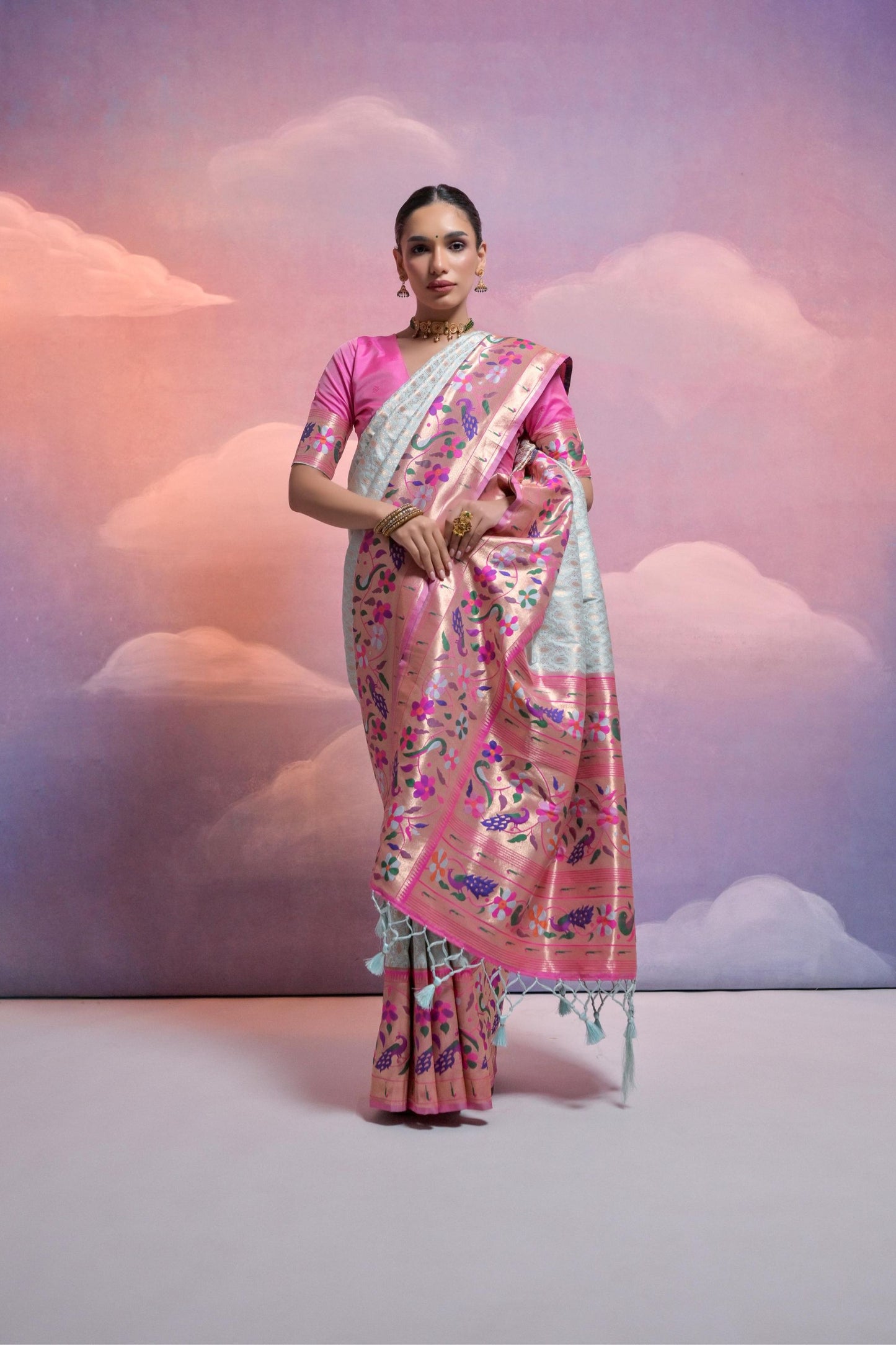 Sea Green Banarasi Silk Saree Pink Meenakari Border Traditional Saree