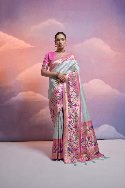 Sea Green Banarasi Silk Saree Pink Meenakari Border Traditional Saree