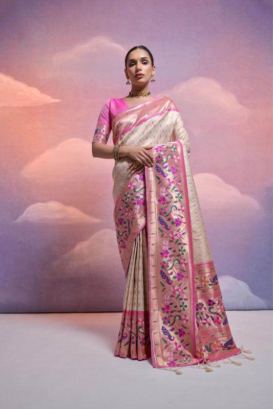 Beige Banarasi Silk Saree Pink Meenakari Border Traditional Saree