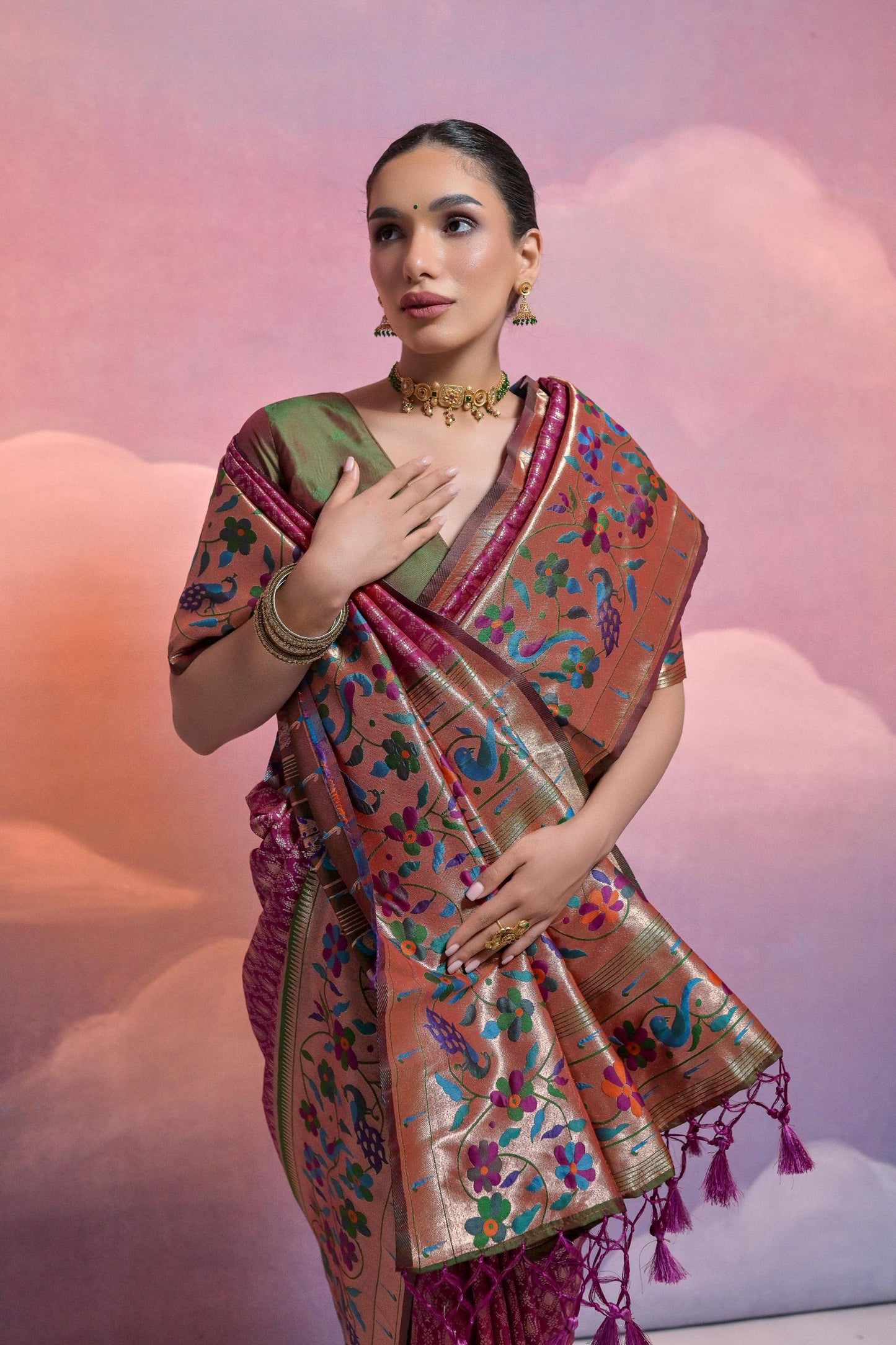Wine Pink Banarasi Silk Saree Multicolour Border Traditional Saree