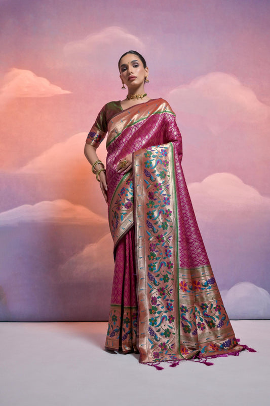 Wine Pink Banarasi Silk Saree Multicolour Border Traditional Saree