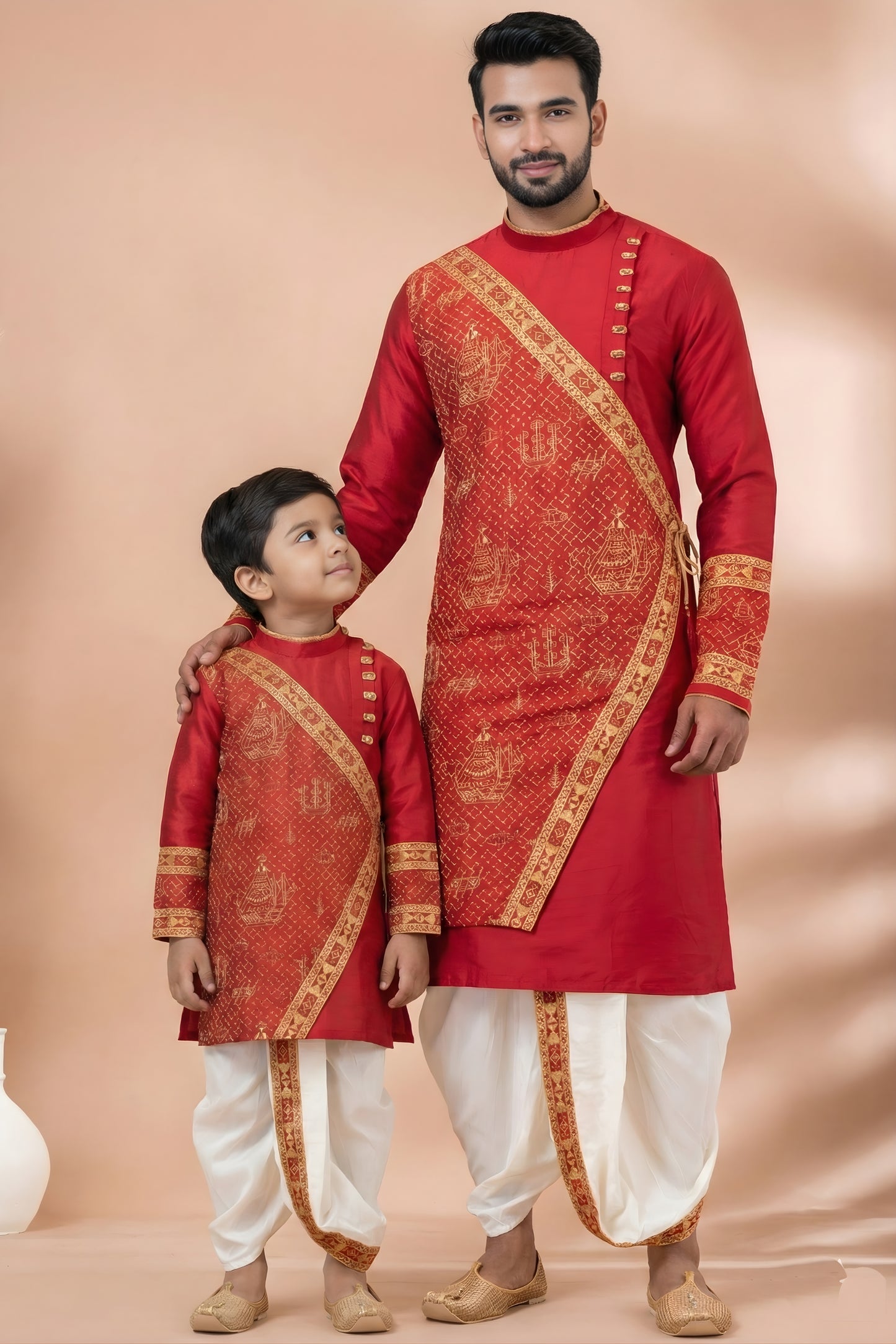 Royal Red Viscose Embroidered Kurta Dhoti Set for Father and Son