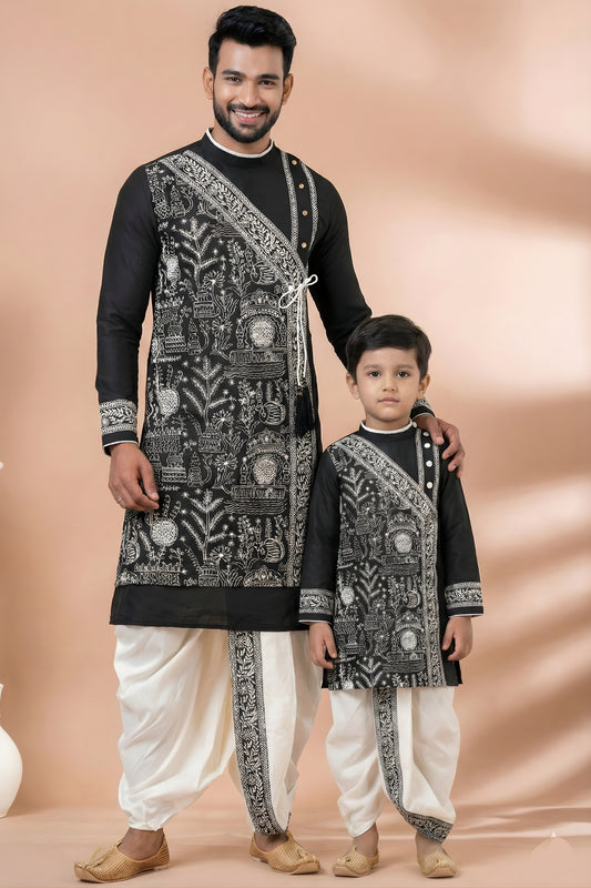 Classic Black Viscose Embroidered Kurta Dhoti Set for Father and Son