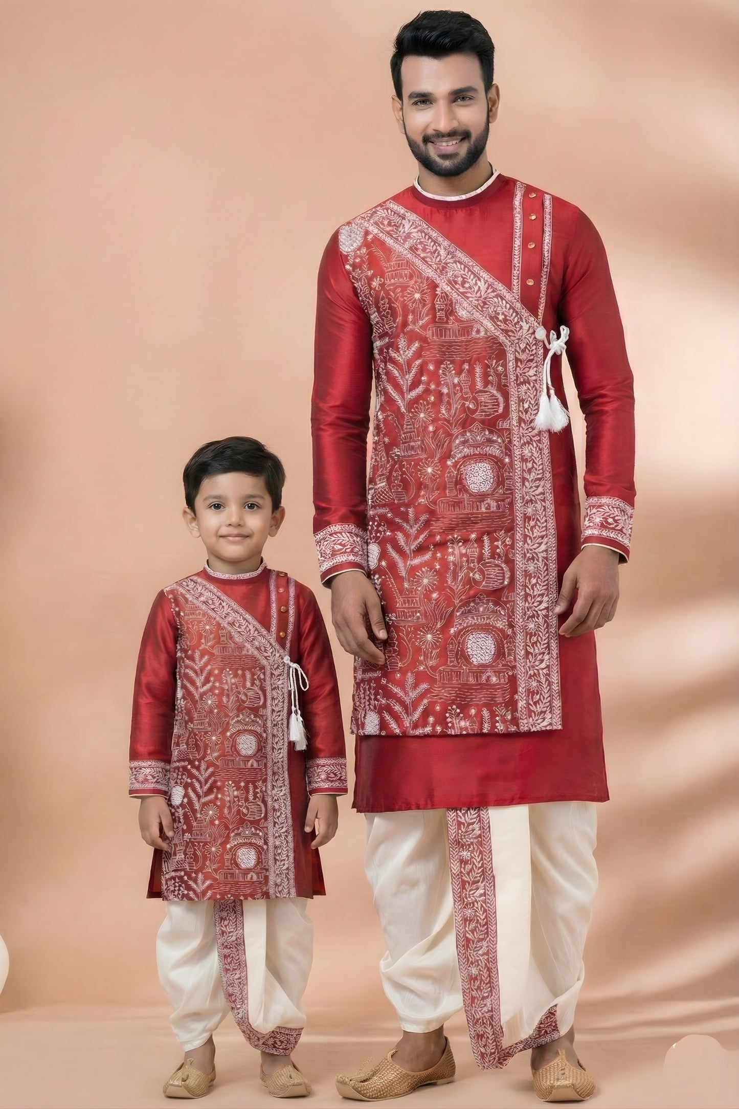 Stylish Red Viscose Embroidered Kurta Dhoti Set for Father and Son