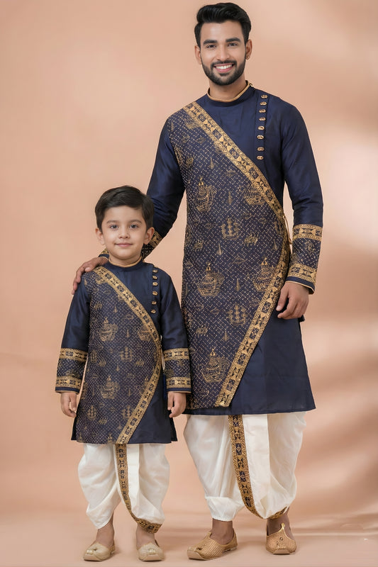 Elegant Navy Blue Viscose Embroidered Kurta Dhoti Set for Father and Son