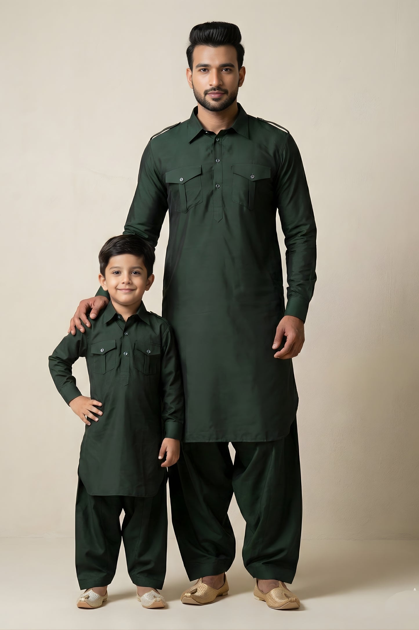 Elegant Dark Green Viscose Pathani Kurta Pajama Matching Set for Father and Son