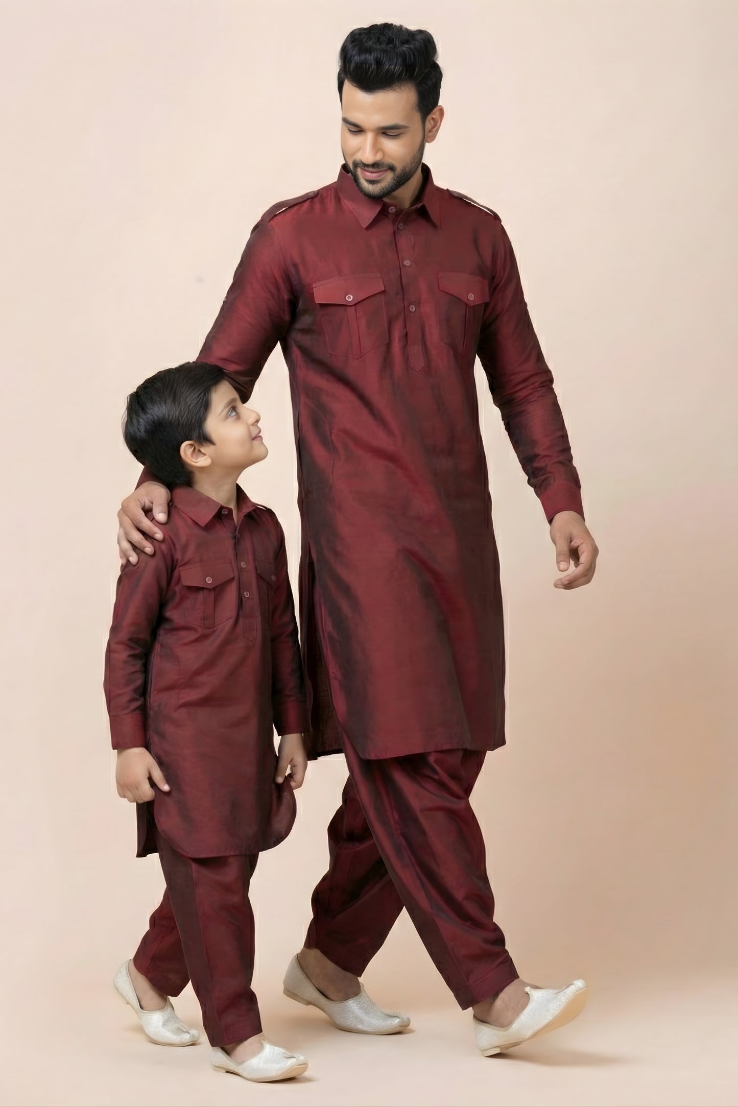 Trendy Maroon Viscose Pathani Kurta Pajama Matching Set for Father and Son