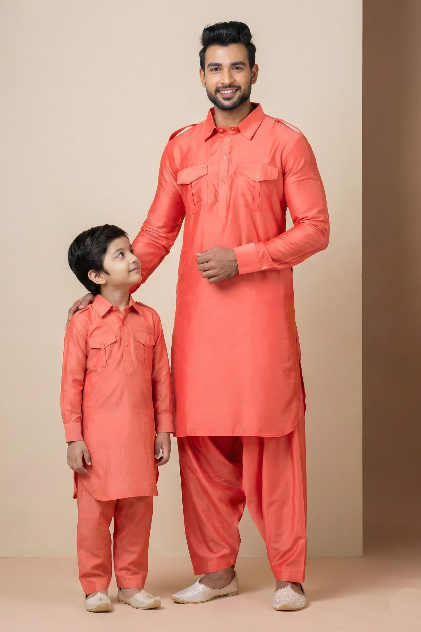 Vibrant Orange Viscose Pathani Kurta Pajama Matching Set for Father and Son