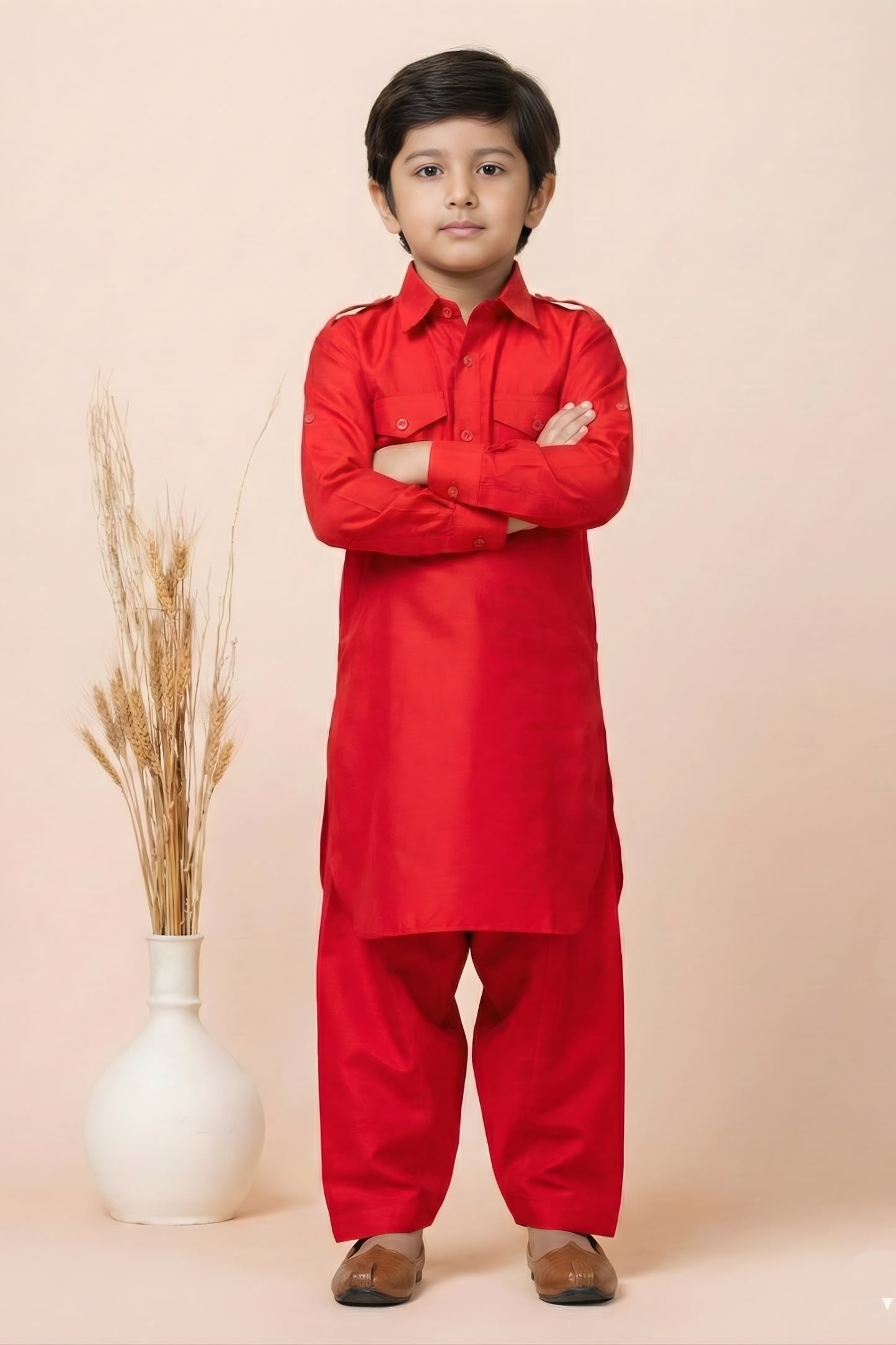 Royal Red Viscose Pathani Kurta Pajama Set for Boys