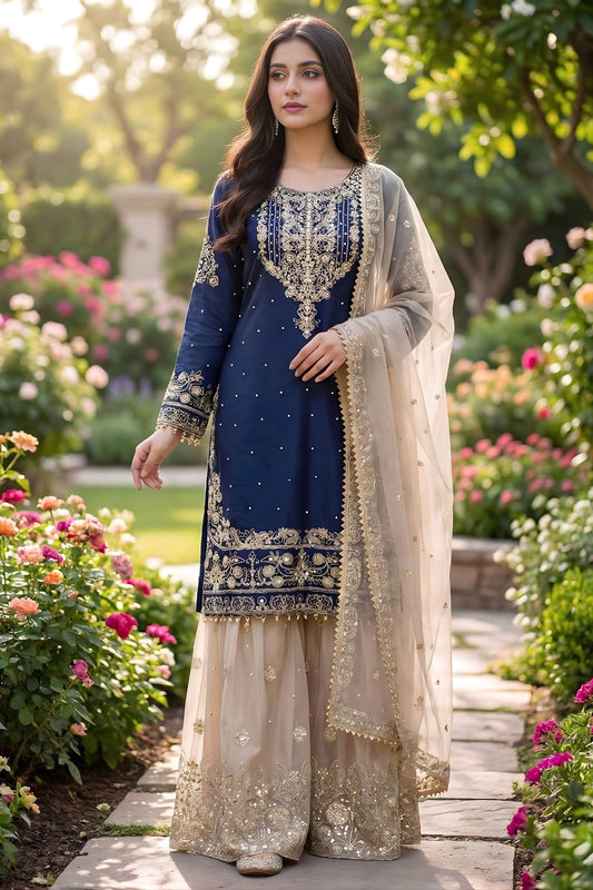 Elegant Navy Blue Embroidered Silk Readymade Salwar Suit with Net Dupatta