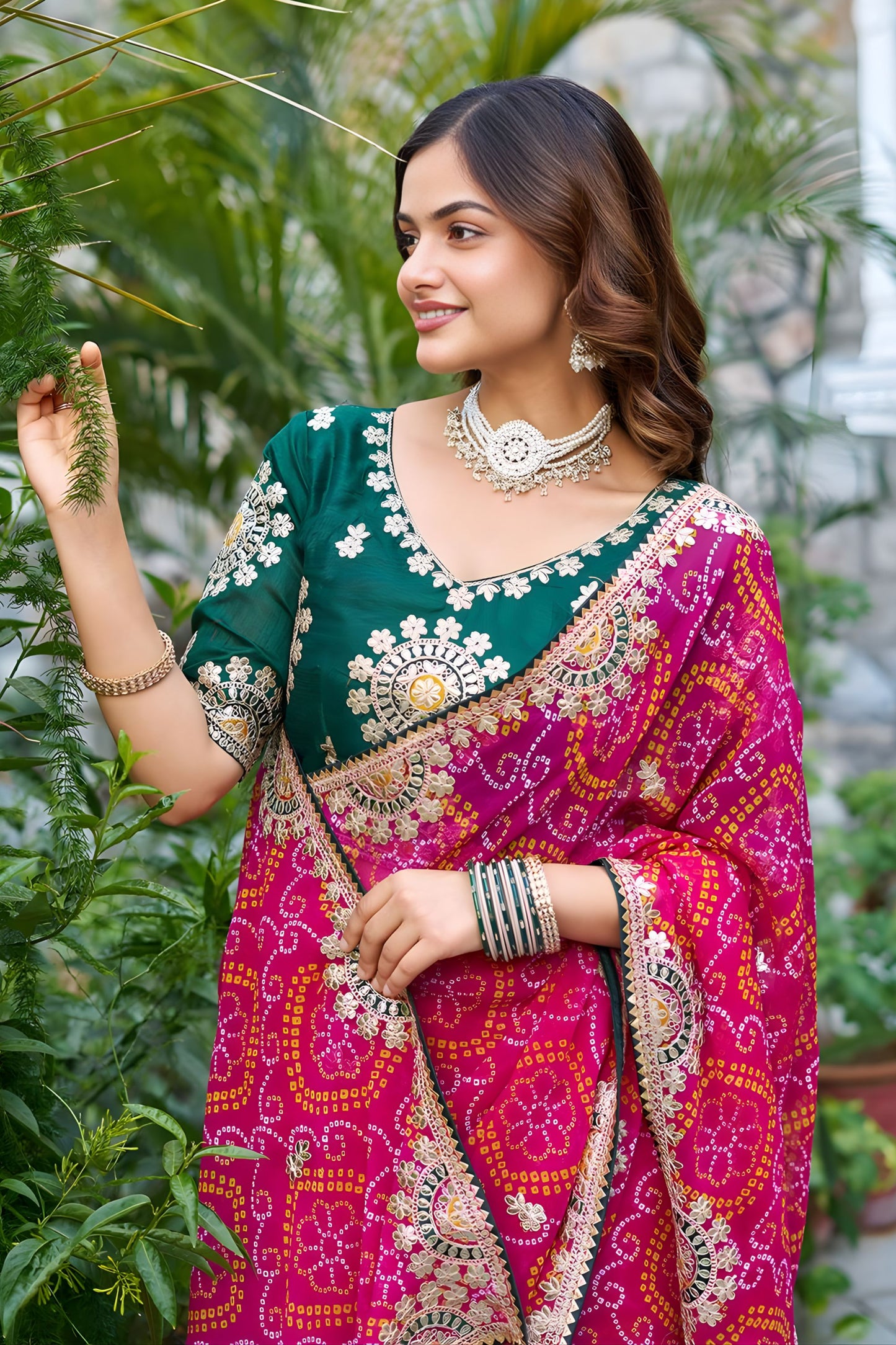 Rani Pink Bandhani Print Chiffon Saree with Lace Border
