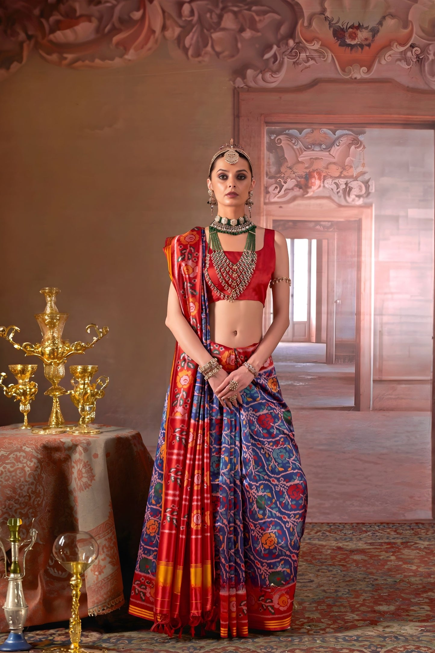 Royal Blue Red Patola Silk Saree Multicolor Ikat Weaving Saree