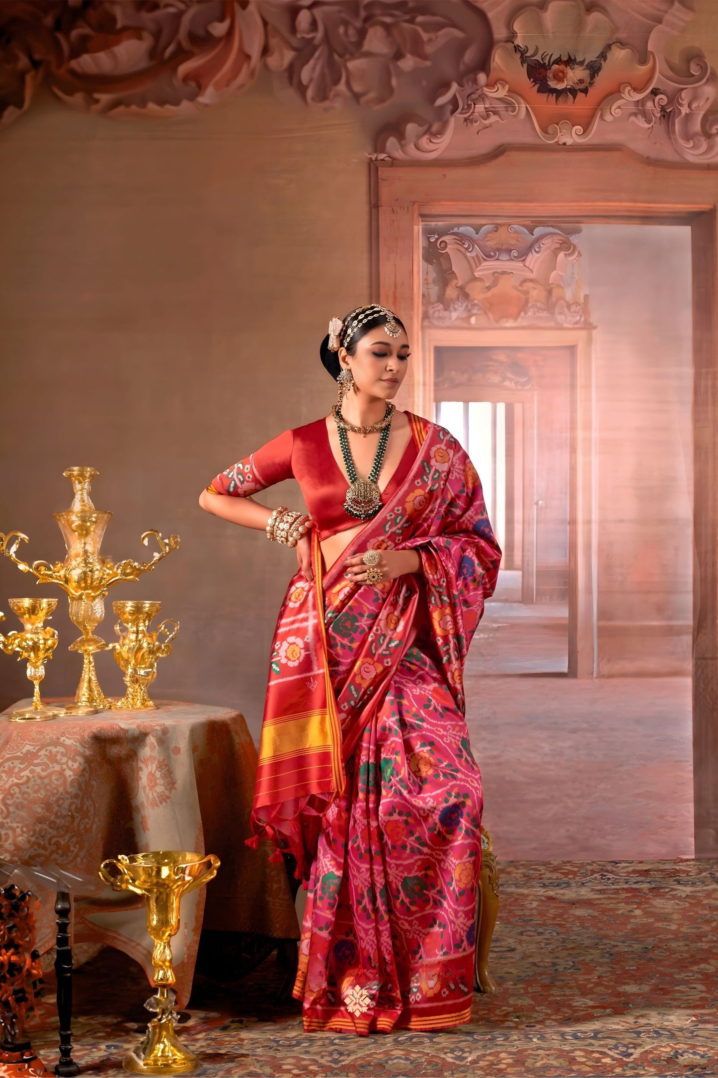 Rani Pink Patola Silk Saree Traditional Floral Ikat Weave Festive Occasions