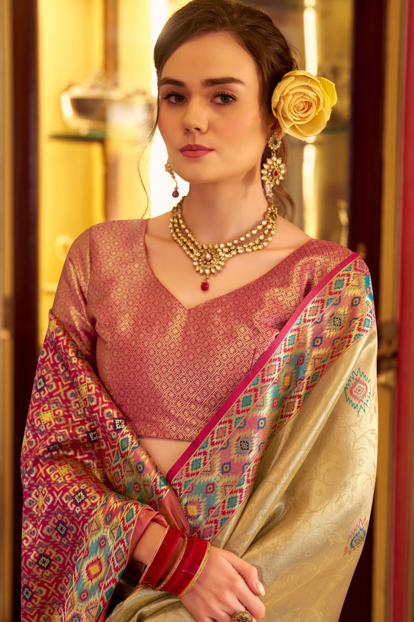 Gold Tissue Patola Silk Traditional Saree Handwoven Patola Design