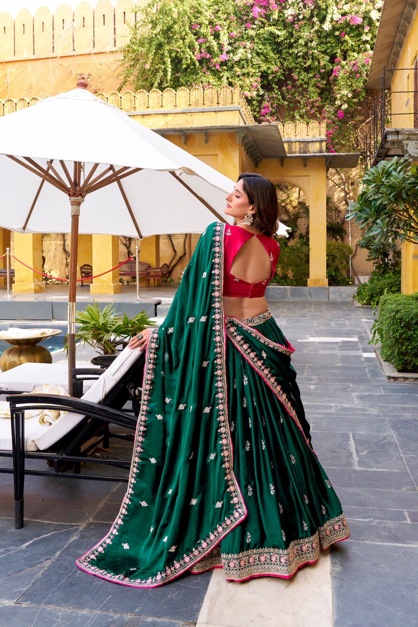 Royal Green Silk Embroidered Lehenga Choli with Pink Blouse and Dupatta for Wedding