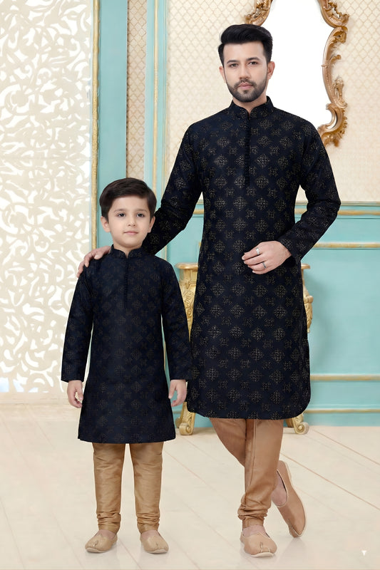 Elegant Black Dhupion Silk Father Son Matching Kurta Pyjama Set for Wedding