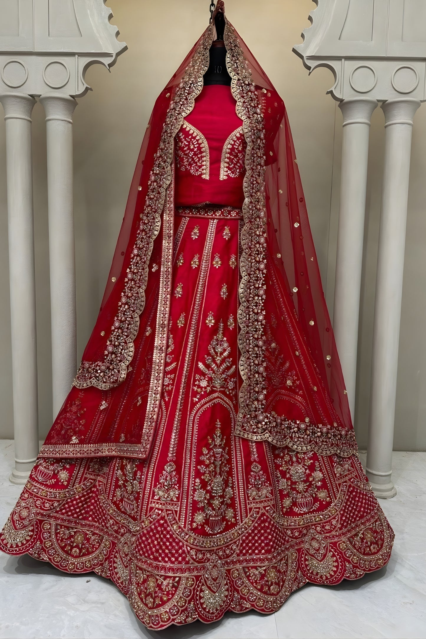 Classic Red Embroidered Silk Bridal Lehenga Choli with Net Dupatta