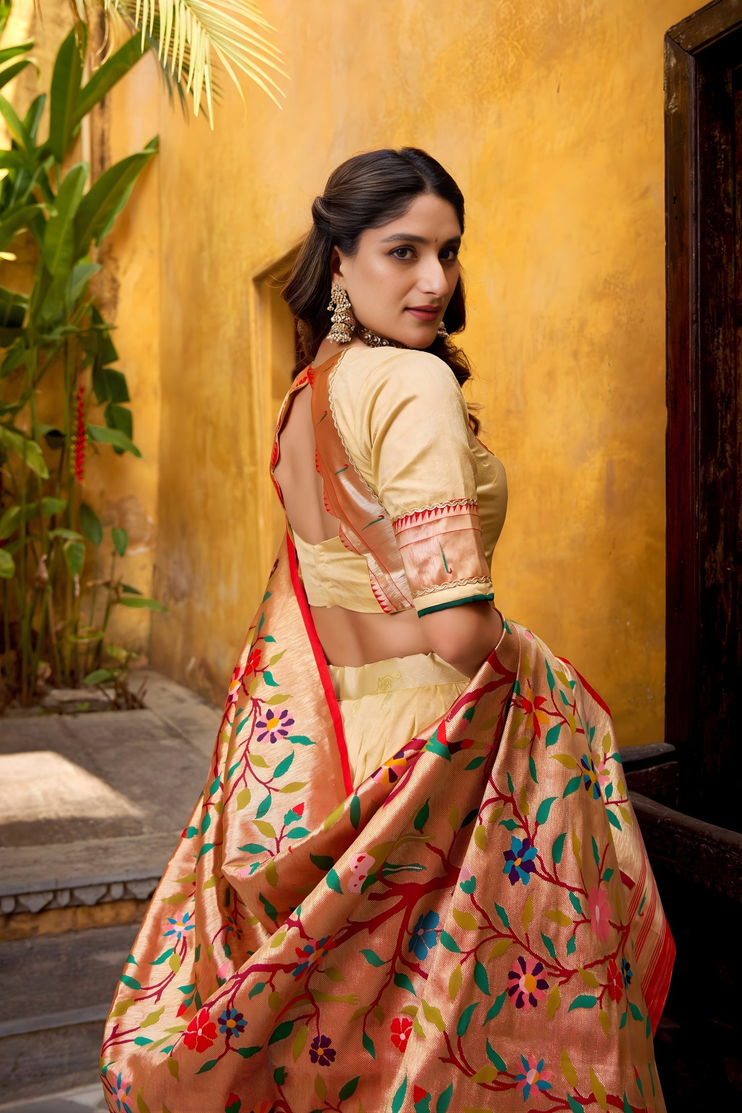 Elegant Beige Paithani Silk Lehenga Choli with Multicolor Floral Dupatta for Wedding