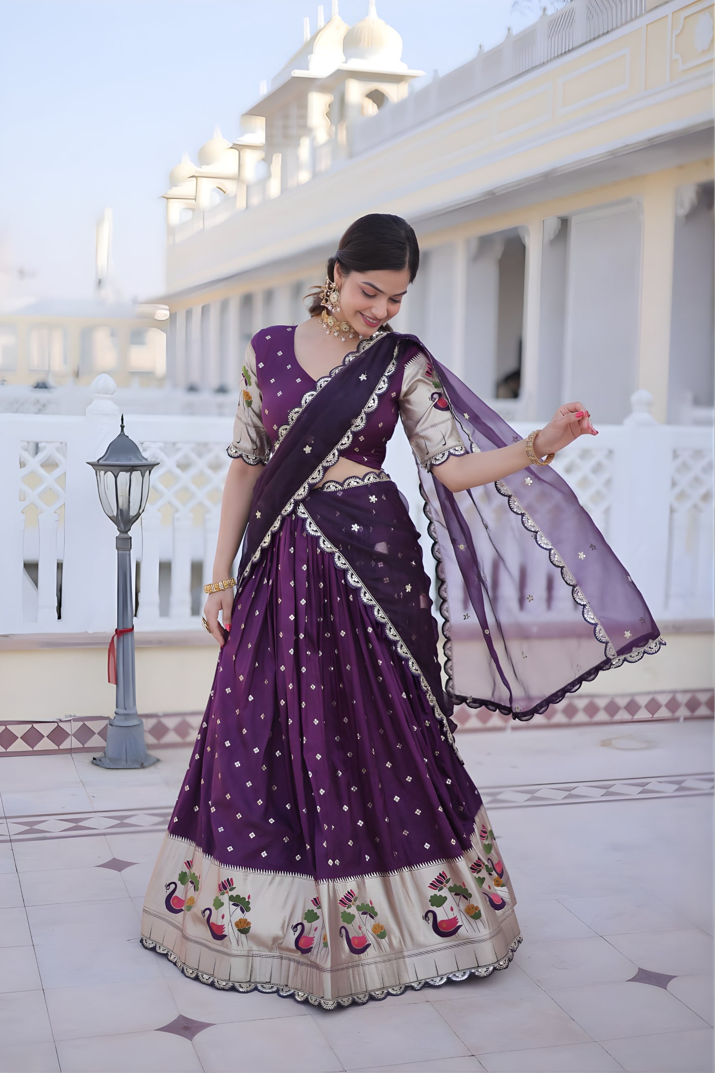 Luxury Purple Dola Silk Embroidered Lehenga Choli Set with Dupatta for Wedding